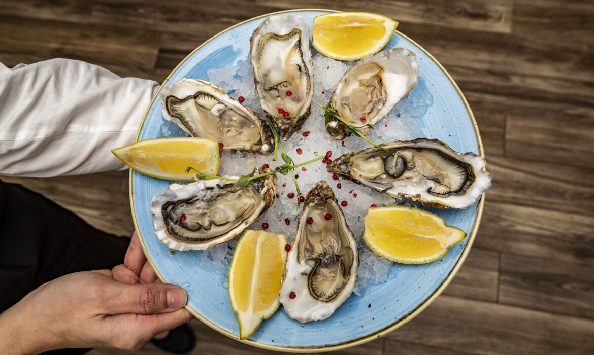 Top view of a tasty scallops with lemon served in a plate in a person’s hand